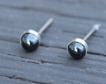 Hematite Gemstone 4mm Bezel Set on Niobium or Titanium Posts (Hypoallergenic and Nickel Free Stud Earrings for Sensitive Ears)