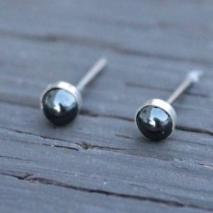 May include: A pair of silver stud earrings with black hematite stones.