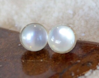 Mother of Pearl Gemstone 5mm Bezel Set on Niobium or Titanium Posts (Hypoallergenic Studs for Sensitive Ears)