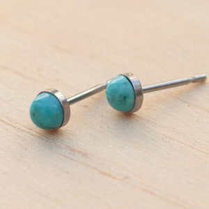 Titanium Stud Earrings Turquoise Gemstone / 5mm Cabochon Bezel Set / Hypoallergenic Earrings Studs