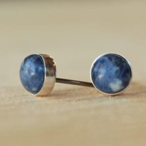 Sodalite Gemstone Titanium Stud Earrings / 6mm Cabochon Bezel Set / Hypoallergenic Earrings Studs
