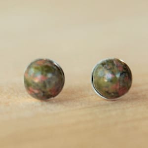 Unakite Gemstone 6mm Bezel Set on Niobium or Titanium Posts (Nickel Free & Hypoallergenic Stud Earrings for Sensitive Ears)