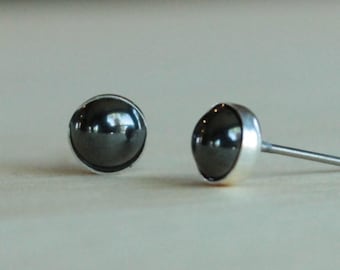 Hematite Gemstone Titanium Earrings Studs / 6mm Cabochon Bezel Set / Earrings for Sensitive Ears
