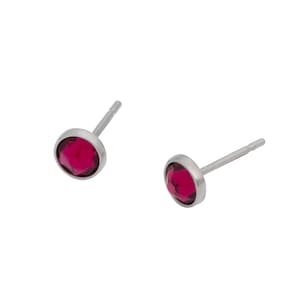 May include: A pair of silver stud earrings with small, round, red gemstones.