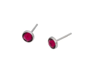 Ruby Red Swarovski Crystal (5mm) Bezel Set on Pure Titanium Studs (Hypoallergenic Post Earrings for Sensitive Ears)