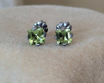 Pure Titanium Earrings - Square Peridot - Facet Cut - Hypoallergenic Nickel Free Studs
