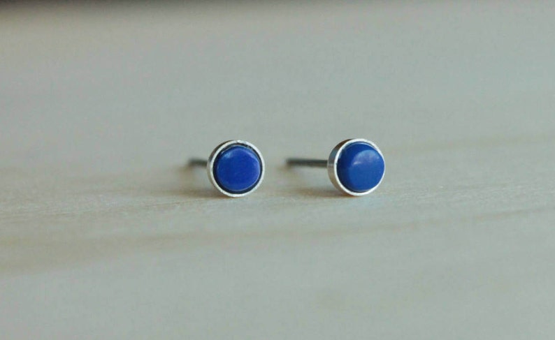 Lapis Lazuli Gemstone Titanium Earrings Studs / 5mm Cabochon Bezel Set / Earrings for Sensitive Ears image 1