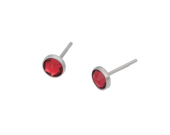 Scarlet Red Swarovski Crystal (4mm or 5mm) Bezel Set on Pure Titanium Studs (Hypoallergenic Post Earrings for Sensitive Ears)