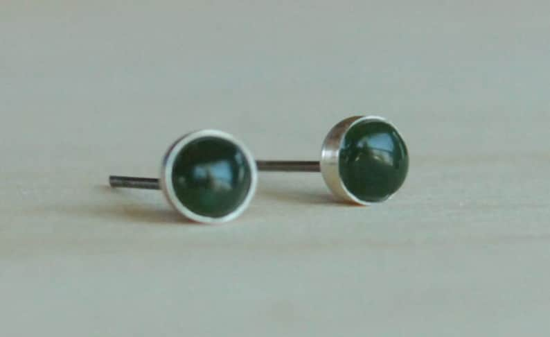 Nephrite Jade Gemstone 5mm Bezel Set on Niobium or Titanium Posts Hypoallergenic Stud Earrings for Sensitive Ears image 1