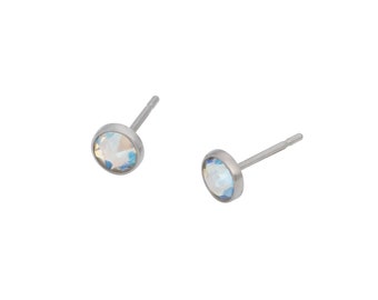 Swarovski Shimmer Crystal (4mm or 5mm) Bezel Set on Titanium Posts (Hypoallergenic and Nickel Free Stud Earrings for Sensitive Ears)