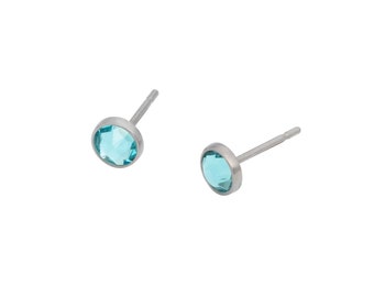 Light Turquoise Swarovski Crystal (4mm or 5mm) Bezel Set on Pure Titanium Studs (Hypoallergenic Post Earrings for Sensitive Ears)