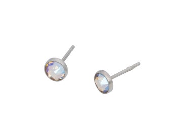 Silk Shimmer Multi-color Swarovski Crystal (4mm or 5mm) Bezel Set on Pure Titanium Studs (Hypoallergenic Post Earrings for Sensitive Ears)