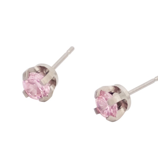 Pure Titanium Earrings Pink Cubic Zirconia Facet Cut Hypoallergenic Nickel Free Studs