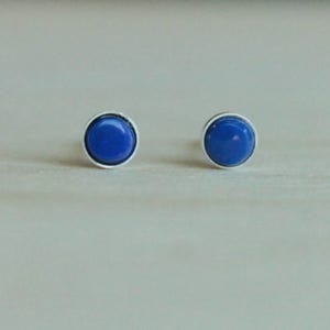 Lapis Lazuli Gemstone Titanium Earrings Studs / 5mm Cabochon Bezel Set / Earrings for Sensitive Ears image 2