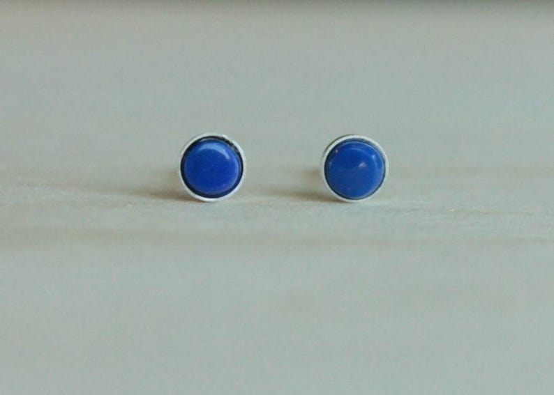 Lapis Lazuli Gemstone Titanium Earrings Studs / 5mm Cabochon Bezel Set / Earrings for Sensitive Ears image 2