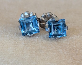Pure Titanium Earrings - Square London Blue Topaz - Facet Cut - Hypoallergenic Nickel Free Studs