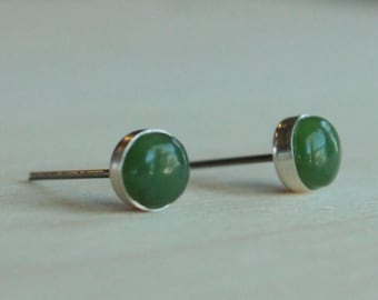 Nephrite Jade Gemstone Titanium Stud Earrings / 6mm Cabochon Bezel Set / Hypoallergenic Earrings Studs