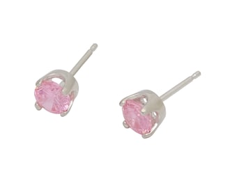 Pink Cubic Zirconia Argentium Silver Earrings - Nickel Free Hypoallergenic Stud Earrings