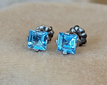 Pure Titanium Earrings - Square Swiss Blue Topaz - Facet Cut - Hypoallergenic Nickel Free Studs