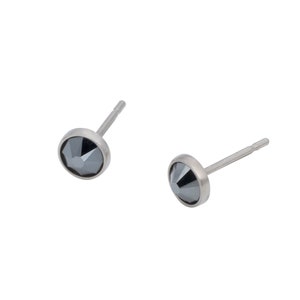 Jet Hematite Swarovski Crystal (4mm or 5mm) Bezel Set on Pure Titanium Studs (Hypoallergenic Post Earrings for Sensitive Ears)