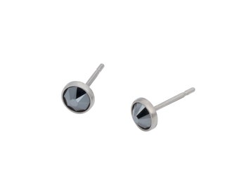 Jet Hematite Swarovski Crystal (4mm or 5mm) Bezel Set on Pure Titanium Studs (Hypoallergenic Post Earrings for Sensitive Ears)