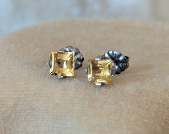Pure Titanium Earrings - Square Citrine - Facet Cut - Hypoallergenic Nickel Free Studs