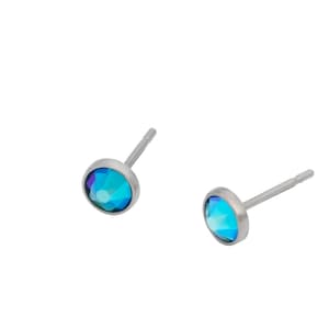 Blue Zircon Shimmer Swarovski Crystal (4mm or 5mm) Bezel Set on Pure Titanium Studs (Hypoallergenic Post Earrings for Sensitive Ears)