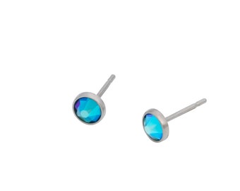 Blue Zircon Shimmer Swarovski Crystal (4mm or 5mm) Bezel Set on Pure Titanium Studs (Hypoallergenic Post Earrings for Sensitive Ears)