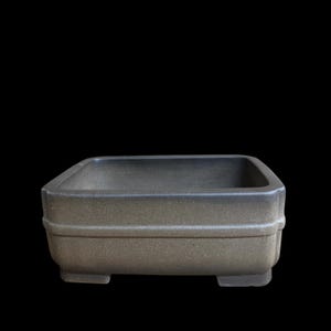 May include: A rectangular bonsai pot with a dark, matte, charcoal-gray finish. The container features a smooth, wide rim, a subtle horizontal band detail around the exterior walls, and four short, sturdy feet at the base for elevation.
