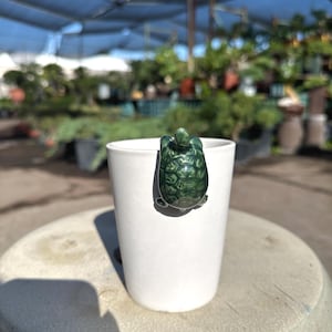 May include: A white ceramic cup with a dark green turtle-shaped embellishment attached to the side. The turtle has a detailed shell pattern. The cup is sitting on a light-colored surface, with a blurred background of plants.