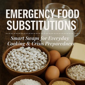 May include: A wooden table displays food items including a milk jug, butter, eggs, and bowls of beans, flour, oats, and millet. Text reads "Emergency Food Substitutions" and "Smart Swaps for Everyday Cooking & Crisis Preparedness."
