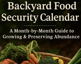Puede incluir: Una cesta de mimbre llena de verduras frescas, como tomates, brócoli, zanahorias y cebolletas. La imagen es de la portada del libro "Backyard Food Security Calendar" de Kathleen Penner.