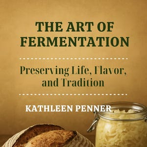 May include: A book cover with the title "THE ART OF FERMENTATION" and the subtitle "Preserving Life, Flavour, and Tradition." The image also features a loaf of bread, a jar of sauerkraut, and the author's name, Kathleen Penner.