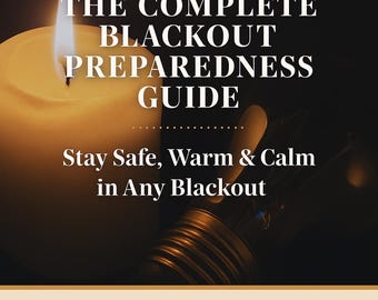 May include: A lit candle with a bright flame illuminates the cover of a book titled "THE COMPLETE BLACKOUT PREPAREDNESS GUIDE." The text "Stay Safe, Warm & Calm in Any Blackout" is also visible. The author's name, Kathleen Penner, is at the bottom.