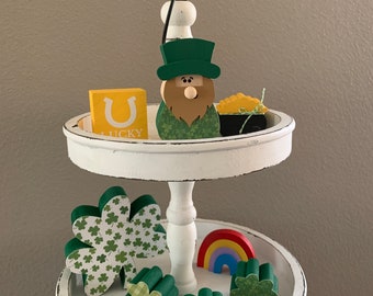 St. Patrick's tiered tray decoration, shamrocks, Gnome, gold, rainbow