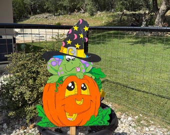 Whimsical Witch Frog on Pumpkin: Halloween Yard Decoration