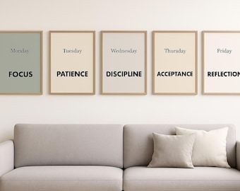 Set of 5 Stoic Principles | Weekly Mindfulness Gallery Wall | Japandi Decor | Sage Green | Printable Bundle | Firat Sami Art