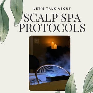 May include: Let's talk about scalp spa protocols. A close-up of a spa treatment with a steamy, blue light emanating from a device in a white basin. The room is dimly lit with candles.