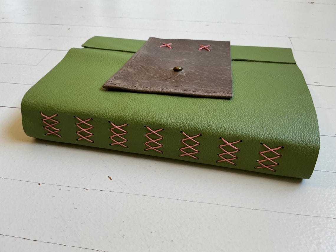 Green Leather Hand Stitched Blank Journal/book With Pink Stitching ...