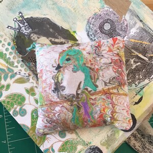 Handmade Square Book Weight: &quot;Blue Bird&quot; Fabric with Bird Charm
