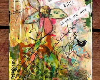 Collage art, mixed media,  original, titled "She Loves Me?"