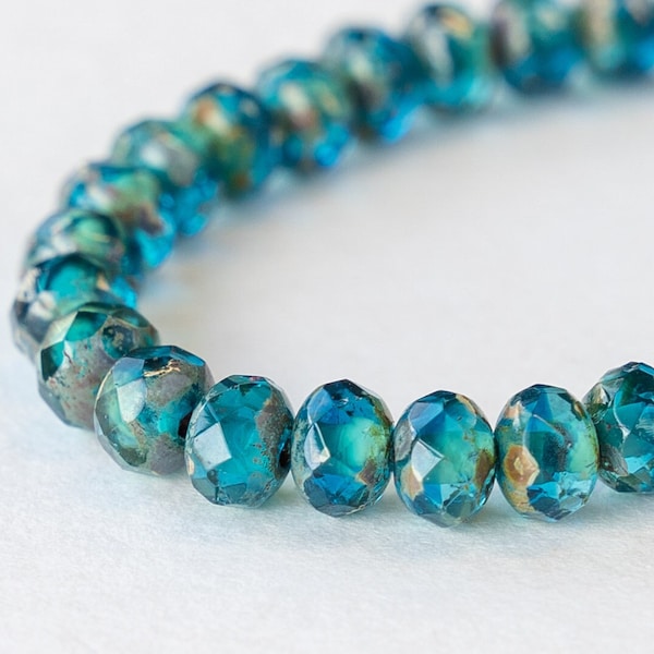 30 - 3x5mm Firepolished Rondelle Beads For Jewelry Making - Teal Blue with a Picasso Finish - Czech GLass Beads - 30 beads