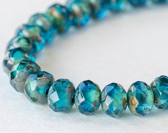 30 - 3x5mm Firepolished Rondelle Beads For Jewelry Making - Teal Blue with a Picasso Finish - Czech GLass Beads - 30 beads