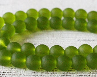 16 Inches - 6mm Round Sea Glass Beads For Jewelry Making - Recycled Frosted Glass Beads - Cultured Sea Glass Beads - Olive Green