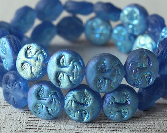 Czech Glass Bead Blue//Gold Oval 14x12mm 9 Beads *UK SHOP*