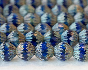 11mm Glass Bicone Beads - Blue Picasso - Czech Pressed Glass Beads - 12 Beads