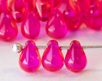 6x9mm Teardrop Beads For Jewelry Making - Czech Glass Beads - Smooth Glass Tear Drop 6x9mm - Hot Pink - 60 beads - Smooth Briolette Beads