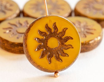 22mm Table Cut Sun Coin Beads - Czech Glass Beads - Czech Glass Coin - Sunshine Yellow with a Bronze finish -  1 Bead