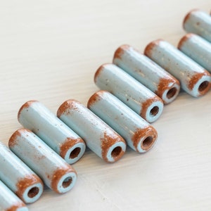 17mm Ceramic Tube Beads from Mykonos Greece - Large Hole Beads For Jewelry - Baby Blue with Tera Cotta - Choose Amount