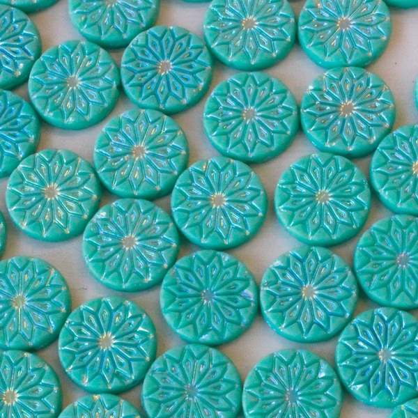 18mm Coin Flower Beads or Cactus Star Flower - Bohemian Czech Glass Beads - Matte Turquoise AB - 4 or 12 beads